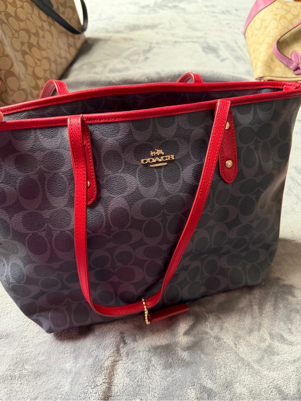 Coach Black Signature Tote with Red Trim and Straps